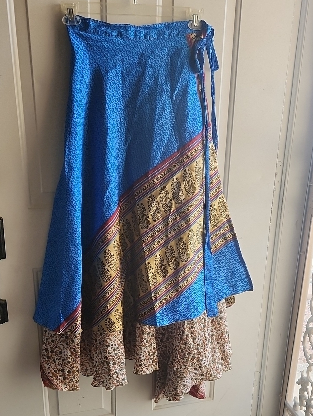 Bohemian Blue Wrap Maxi Skirt with Patterned Panels
